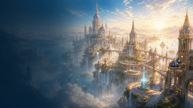 Platus fantastinio MMORPG pasaulio ir miesto vaizdas
