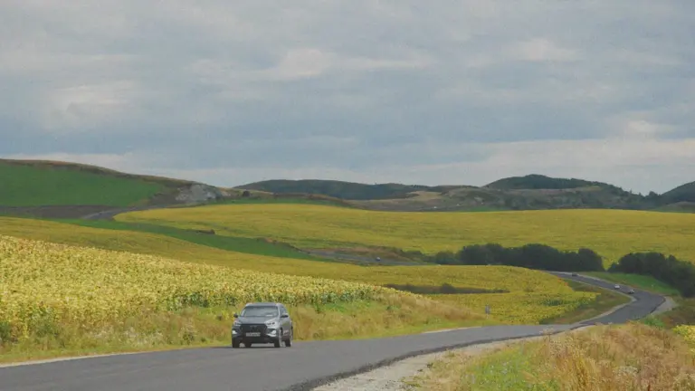 Automobilis važiuoja asfaltuotu keliu per vaizdingus Lietuvos kaimo laukus vasaros pabaigoje.