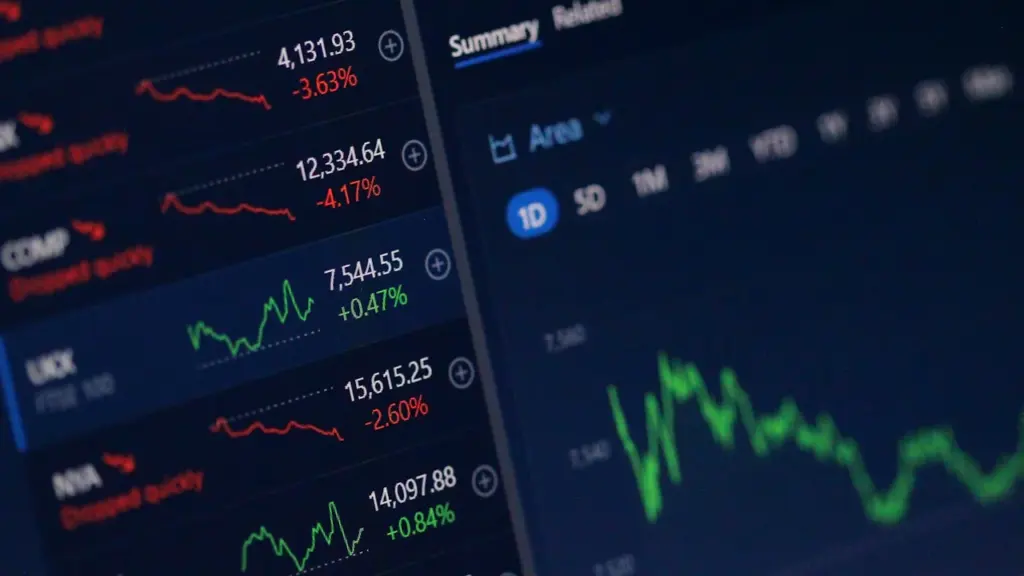 Skaitmeninės biržos ekrano grafikai rodantys finansų rinkų pokyčius ir ekonominius duomenis.