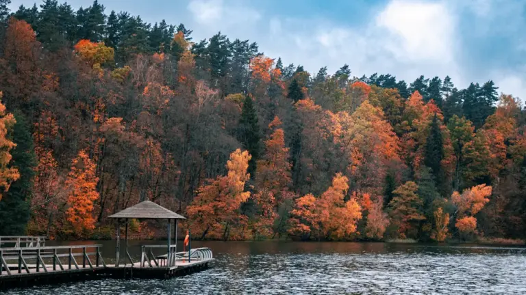 Spalvingas rudens peizažas su lieptu ir pavėsine ežero pakrantėje Lietuvoje rugsėjį.